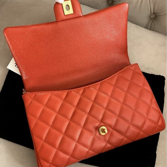 Chanel CC Classic Quilted Leather Flap Shoulder Bag Clutch Orange Gold Shine NIB - Picture 10 of 16